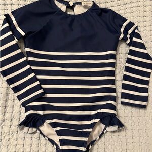 Minnow Girls  Navy Breton Striped Rashguard one piece